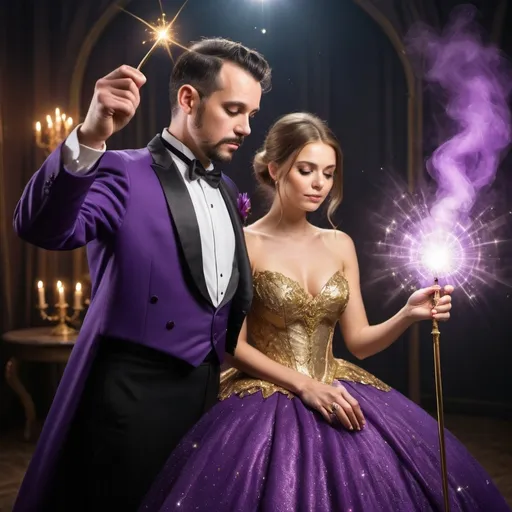 Prompt: Man in a tuxedo casting a spell with his magic wand. His wife is in an extremely poofy and sparkling purple ball gown and is useing her magic wand. The spells are sparkling and gold