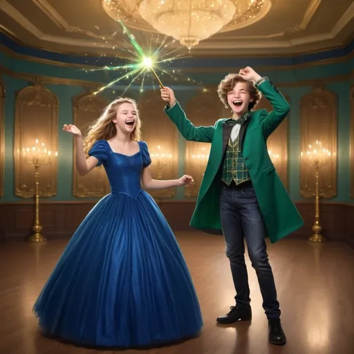 Prompt: Very handsome teenage boy in a green plaid collared shirt in a ball room waves and casts a gold sparkly magical spell with his magic wand while laughing and smiling in a silly evil way. His girlfriend in a very poofy royal blue ball gown also is holding her magic wand but isn’t using it at the moment. She is laughing as well