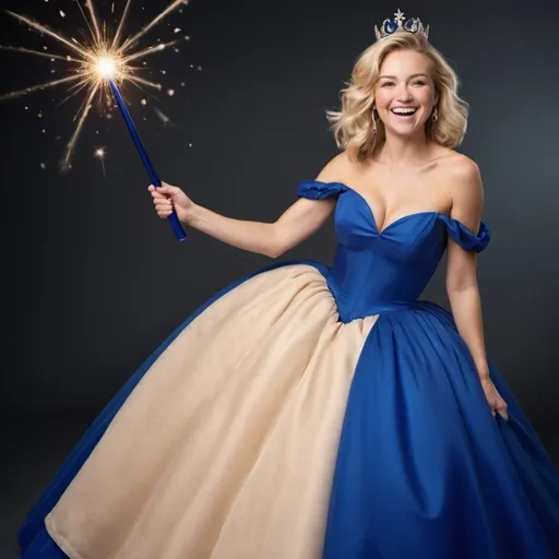 Prompt: Blond woman in a royal blue poofy ball gown waving her magic wand around in her hand with a big smile on her face 