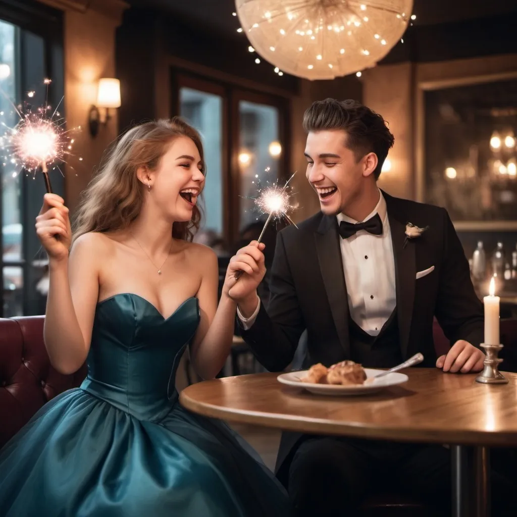 Prompt: Girl and her boyfriend on a date at a restaurant. He is in a tuxedo and she’s in a poofy ball gown. They are casting spells with their magic wands and there laughing 