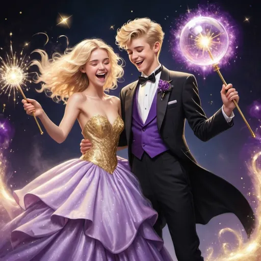 Prompt: Blond 16 year old boy in a tuxedo and his girlfriend purple sparkly poofy ball gown are both waveing there magic wands and laughing as they cast gold sparkly magic spells