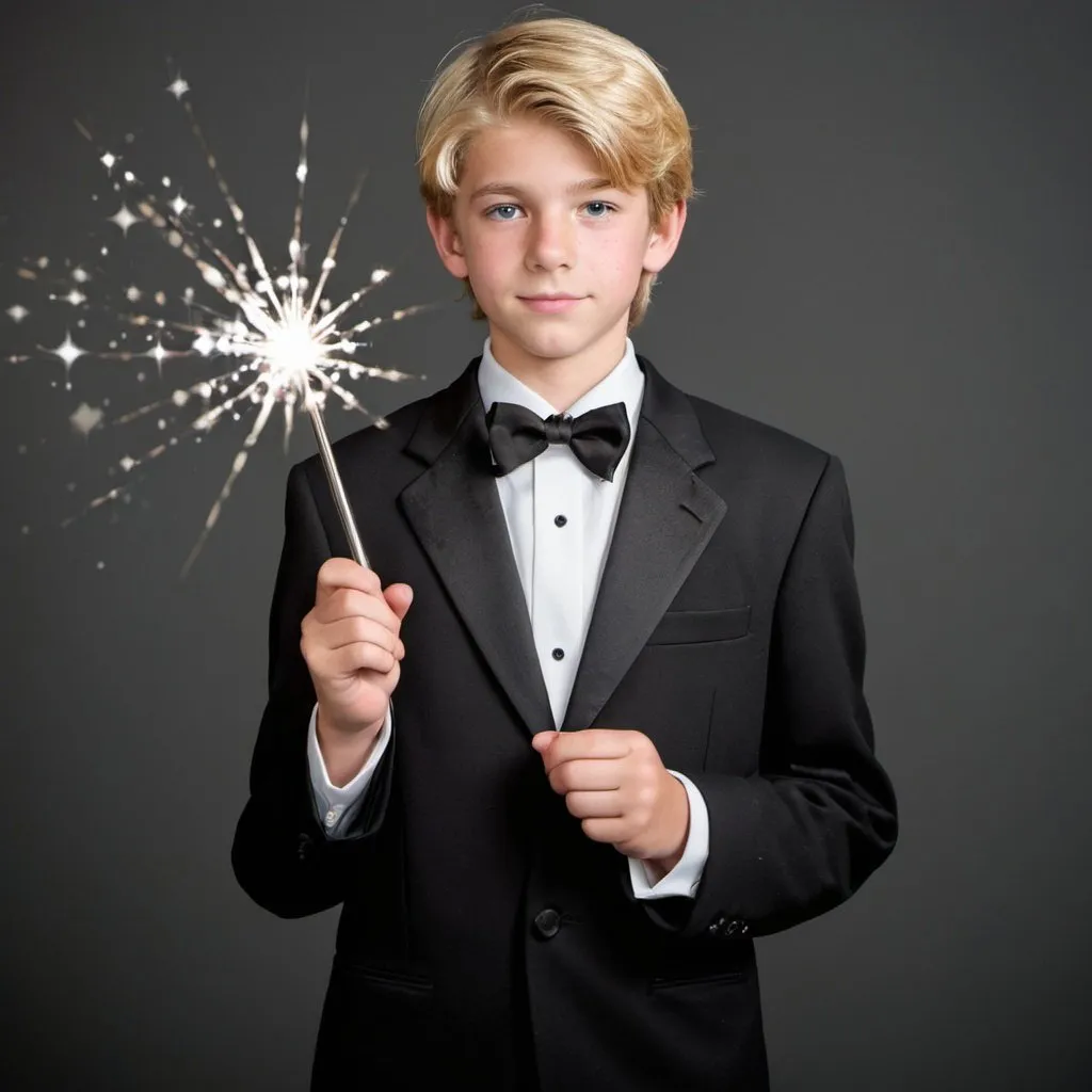 Prompt: Blond teenage boy in a tuxedo holding his magic wand in his year book photo