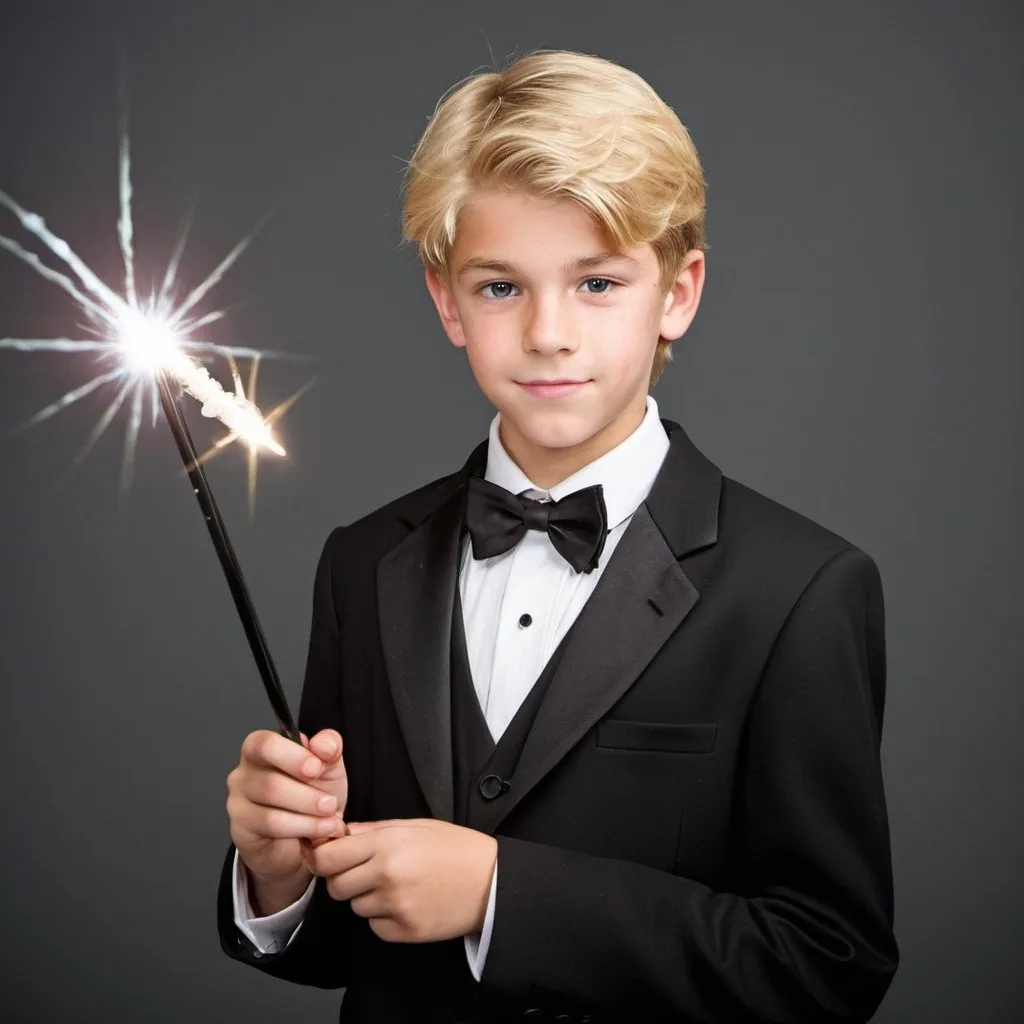 Prompt: Blond teenage boy in a tuxedo holding his magic wand in his year book photo