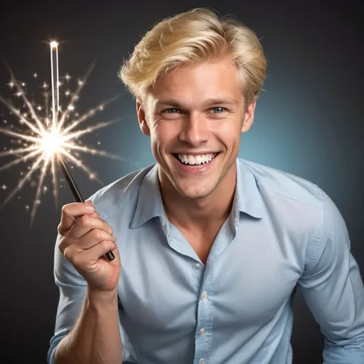 Prompt: Handsome blond man in a collared shirt with a big smile on his face as he holds and waves his magic wand