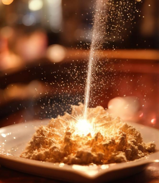 Prompt: Sparkling magic spewing off of a dish on a table 