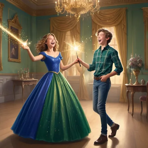 Prompt: Very handsome teenage boy in a green plaid collared shirt in a ball room waves and casts a gold sparkly magical spell with his magic wand while laughing and smiling in a silly evil way. His girlfriend in a very poofy royal blue ball gown also is holding her magic wand but isn’t using it at the moment. She is laughing as well