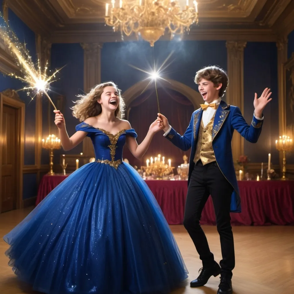 Prompt: Very handsome teenage boy in a collared shirt in a ball room waves and casts a gold sparkly magical spell with his magic wand while laughing and smiling in a silly evil way. His girlfriend in a very poofy royal blue ball gown also is holding her magic wand but isn’t using it at the moment. She is laughing as well