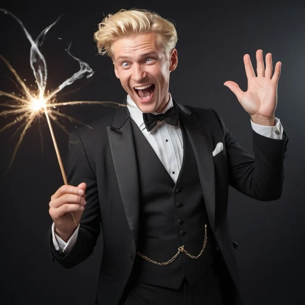 Prompt: Very handsome blond man in a tuxedo waves and casts a spell with his magic wand while laughing and smiling in a silly evil way 