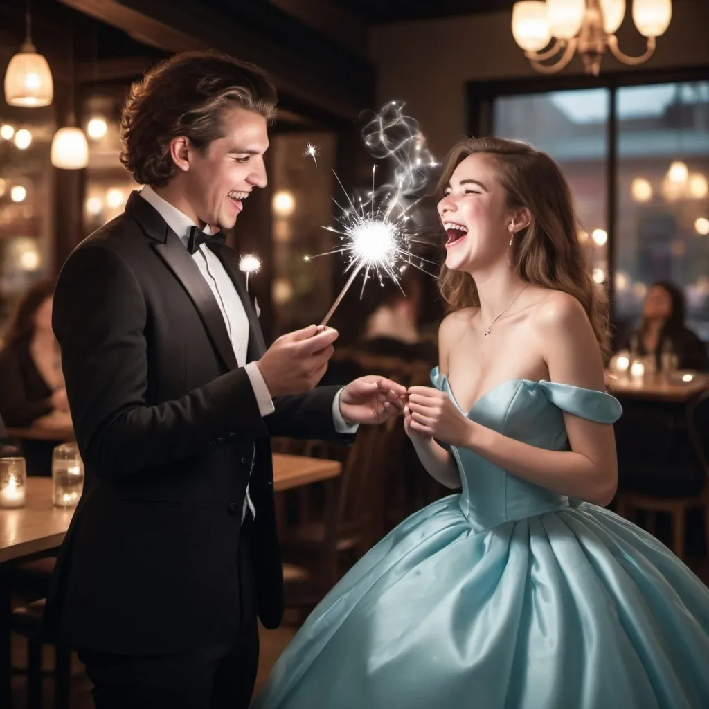 Prompt: Girl and her boyfriend on a date at a restaurant. He is in a tuxedo and she’s in a poofy ball gown. They are casting spells with their magic wands and there laughing 