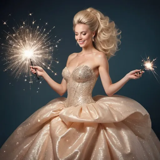 Prompt: Blond woman in a extremely poofy ball gown that is sparkly using her magic wand 