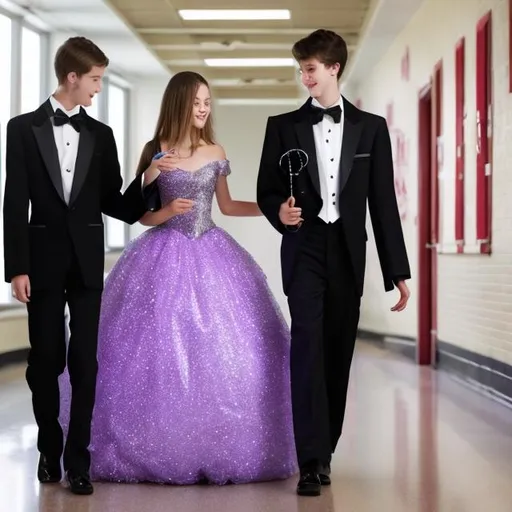 Prompt: High school girl in a big sparkly puffy ball gown holding her magic wand in her hand. She is walking with her boyfriend who is in a tuxedo and is holding his magic wand. They are in the school hall way with lockers in it. There are other students in normal school uniforms 