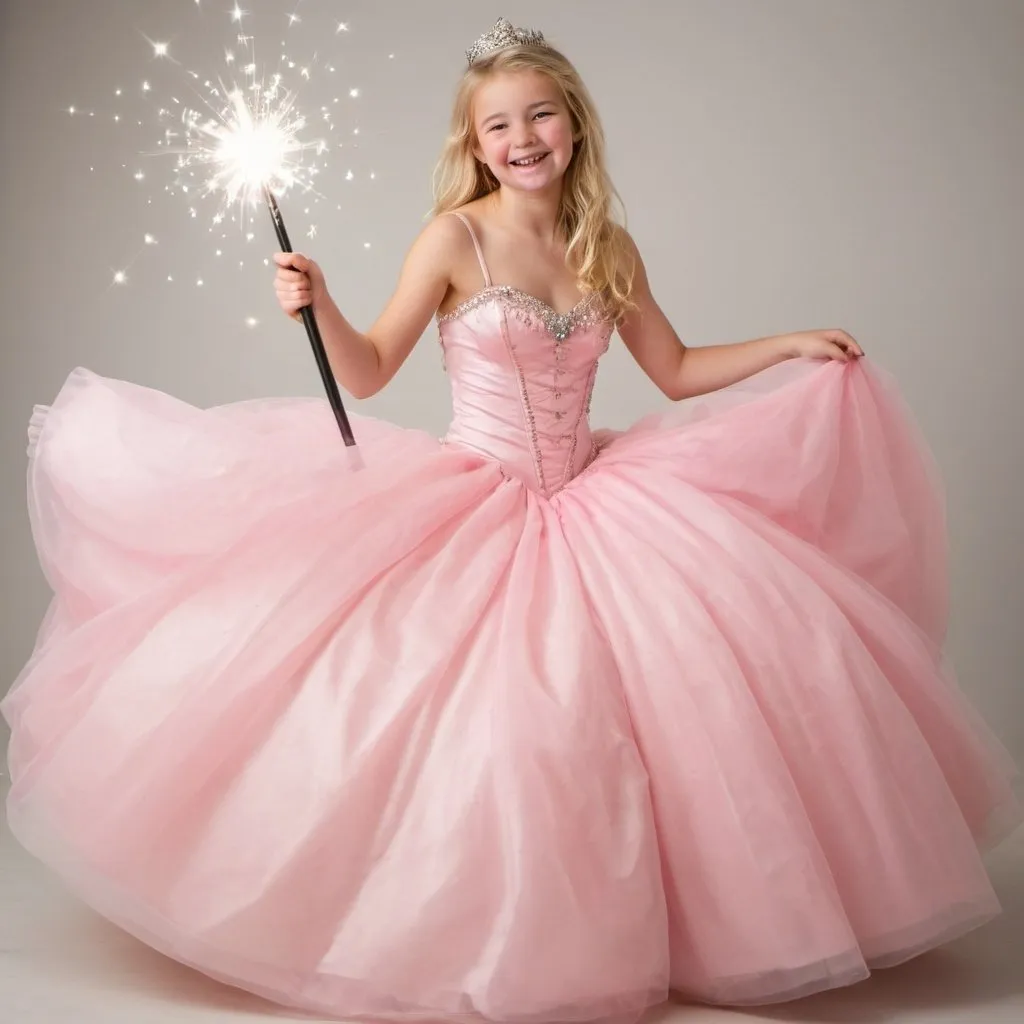 Prompt: Blond 14 year old girl in a poofy ball gown with a big smile using her magic wand