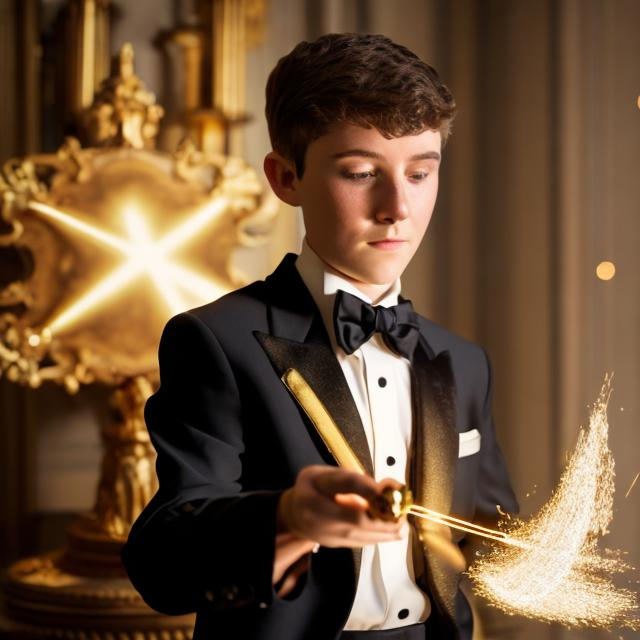 Prompt: 13 year old boy in a tuxedo casting a gold sparkling magic with his magic wand 