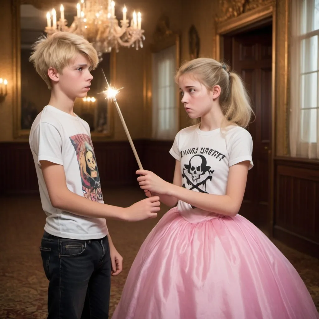 Prompt: Blond 15 year old girl in a poofy ball gown in a ball room holding her magic wand at a 14 year old boy in a t shirt in a threatening manner. The boy is scared