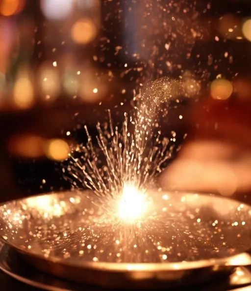 Prompt: Sparkling magic spewing off of a dish on a table 