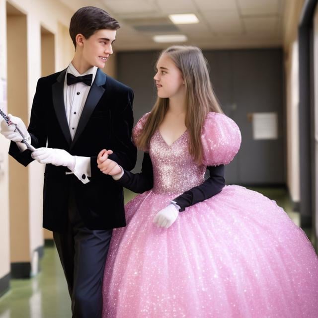 Prompt: High school girl in a big sparkly puffy ball gown holding her magic wand in her hand. She is walking with her boyfriend who is in a tuxedo and is holding his magic wand. They are in the school hall way with lockers in it. There are other students in normal school uniforms 