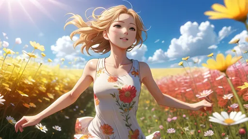 Prompt: Anime visual of a beautiful young woman running in a field of flowers on a sunny day, anatomically correct, highly detailed, highly detailed beautiful face, intricate clothing, 4k, highly detailed surroundings, vibrant colored flowers, intricate, soft cinematic lighting, professional, detailed lighting