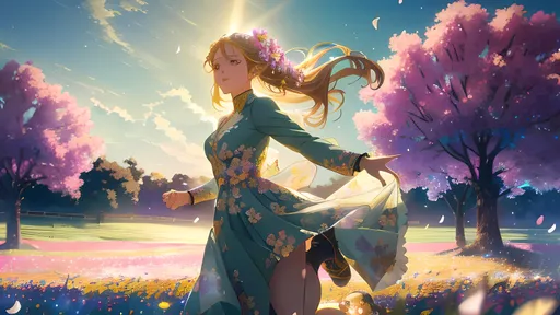 Prompt: Anime visual of a beautiful young woman running in a field of flowers on a sunny day, anatomically correct, highly detailed, highly detailed beautiful face, intricate clothing, 4k, highly detailed surroundings, vibrant colored flowers, intricate, soft cinematic lighting, professional, detailed lighting