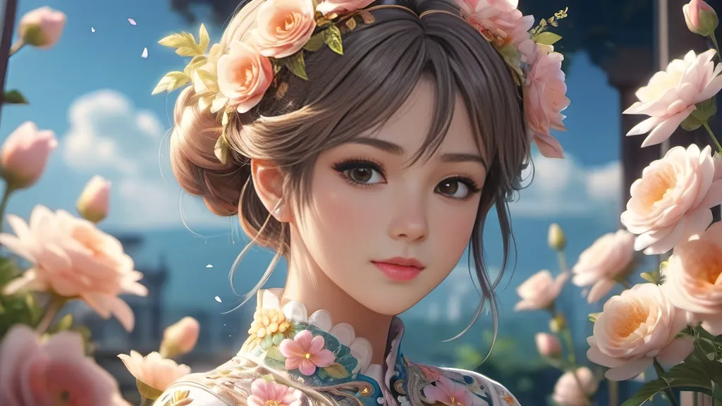 Prompt: Anime visual of a cute and beautiful young woman, intricate clothing, highly detailed face, digital art, 4k, highly detailed, flowers background, intricate, anatomically correct, detailed beautiful face, soft cinematic lighting, professional, detailed lighting