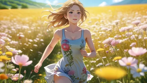 Prompt: Anime visual of a beautiful young woman running in a field of flowers on a sunny day, anatomically correct, highly detailed, highly detailed beautiful face, intricate clothing, 4k, highly detailed surroundings, vibrant colored flowers, intricate, soft cinematic lighting, professional, detailed lighting