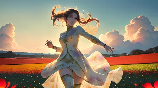 Prompt: Anime visual of a beautiful young woman running in a field of flowers on a sunny day, anatomically correct, highly detailed, highly detailed beautiful face, intricate clothing, 4k, highly detailed surroundings, vibrant colored flowers, intricate, soft cinematic lighting, professional, detailed lighting