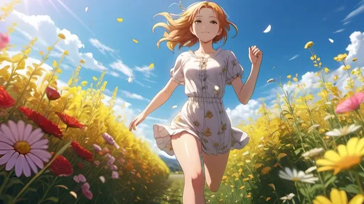 Prompt: Anime visual of a beautiful young woman running in a field of flowers on a sunny day, anatomically correct, highly detailed, highly detailed beautiful face, intricate clothing, 4k, highly detailed surroundings, vibrant colored flowers, intricate, soft cinematic lighting, professional, detailed lighting