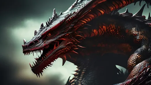 Prompt: Realistic dragon with extreme detail, vibrant dark and red colors, intricate background, cinematic lighting, high quality, masterpiece, detailed scales, fiery breath, intense gaze, dynamic composition, vibrant reds, deep blacks, professional