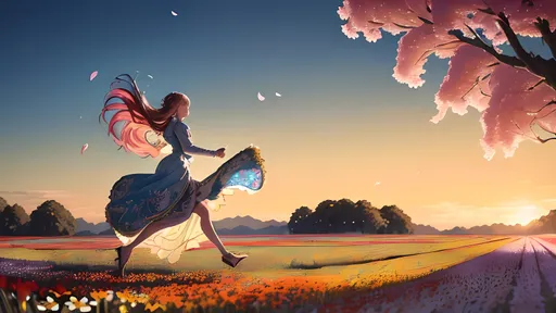 Prompt: Anime visual of a beautiful young woman running in a field of flowers on a sunny day, anatomically correct, highly detailed, highly detailed beautiful face, intricate clothing, 4k, highly detailed surroundings, vibrant colored flowers, intricate, soft cinematic lighting, professional, detailed lighting