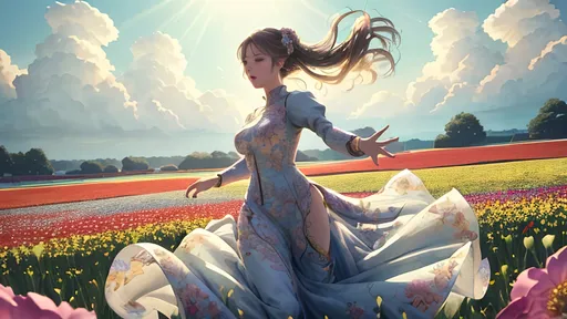 Prompt: Anime visual of a beautiful young woman running in a field of flowers on a sunny day, anatomically correct, highly detailed, highly detailed beautiful face, intricate clothing, 4k, highly detailed surroundings, vibrant colored flowers, intricate, soft cinematic lighting, professional, detailed lighting