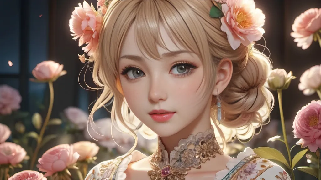 Prompt: Anime visual of a cute and beautiful young woman, intricate clothing, highly detailed face, digital art, 4k, highly detailed, flowers background, intricate, anatomically correct, detailed beautiful face, soft cinematic lighting, professional, detailed lighting