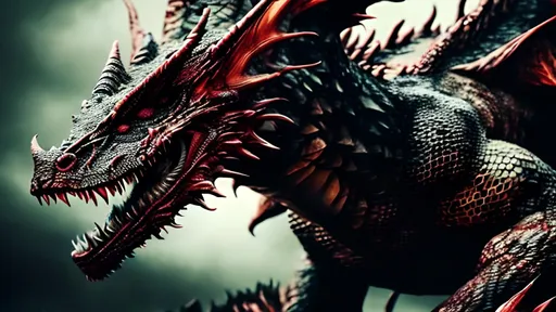 Prompt: Realistic dragon with extreme detail, vibrant dark and red colors, intricate background, cinematic lighting, high quality, masterpiece, detailed scales, fiery breath, intense gaze, dynamic composition, vibrant reds, deep blacks, professional