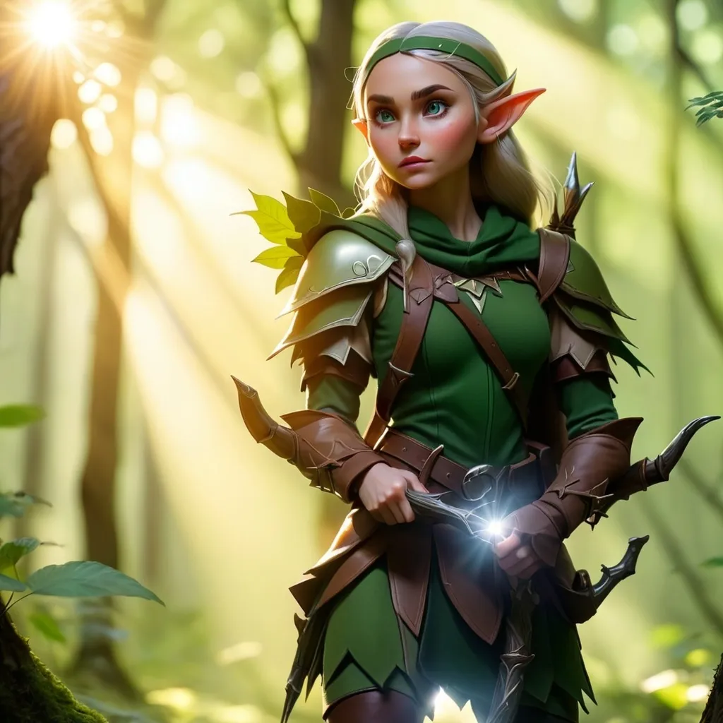 Prompt: Elf ranger in a mystical forest around sunlight