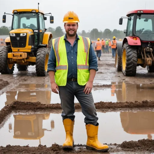 Prompt: a construction worker in a site, posing for a photo, wearing boots, background tractors, wet surface and dumbsters with people walking.