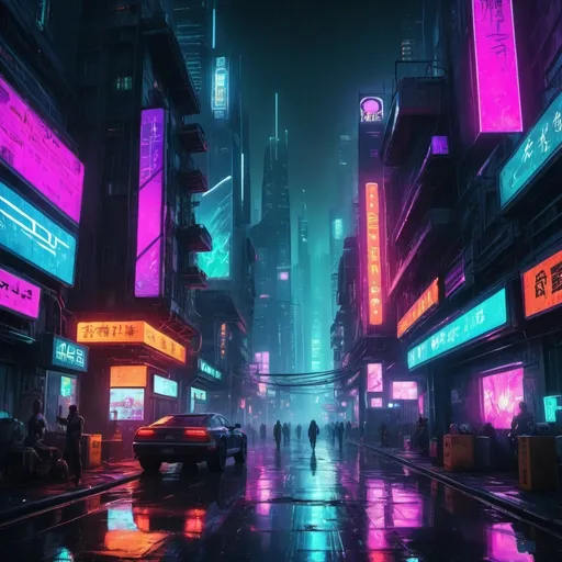 Prompt: (desktop background), (cyberpunk theme), futuristic cityscape, neon lights, rainy streets, bustling crowd, holographic advertisements, sleek skyscrapers, dark alleys, glowing signs, vivid colors, vibrant neon hues, reflections on wet pavement, night-time atmospheric lighting, moody and immersive, high-tech elements, ultra-detailed, high-resolution, 4K quality, cinematic depth, intricate details, dynamic urban environment, sci-fi ambiance, digital art masterpiece.