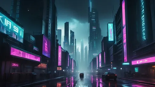 Prompt: (cyberpunk city skyline), neon lights, towering skyscrapers, futuristic architecture, cool tone, dramatic lighting, bustling streets, rain-soaked pavement, high-tech billboards, glowing holograms, dark shadows, foggy atmosphere, dystopian mood, high contrast, reflections on wet surfaces, urban sprawl, night setting, ultra-detailed, 4K, cinematic masterpiece