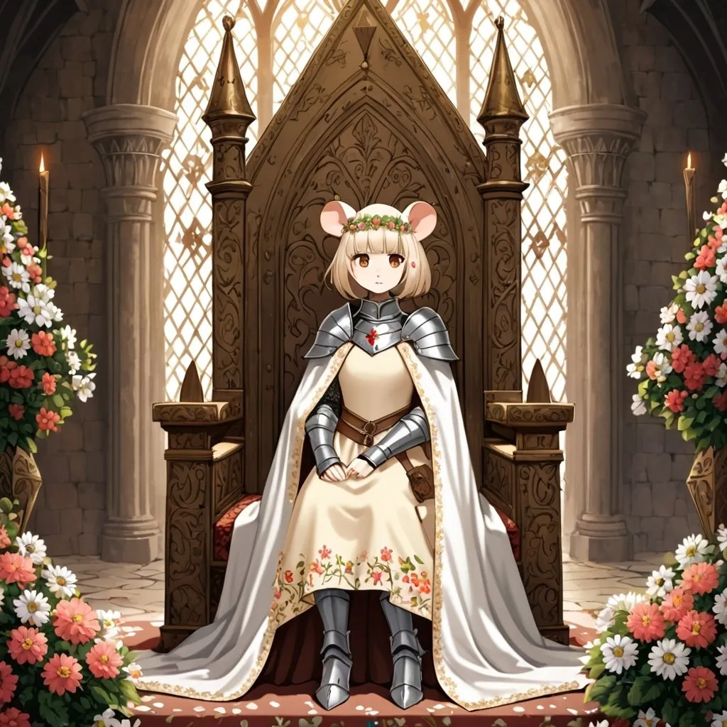 Prompt: A girl with rat ears and rat tail using a medieval clothes and a white cape, she has some armor accessories and a flowery circlet, holding a spear, the girl has a bob cut wavy light cream hair parted to the side and brown eyes, she is in a flowery throne room 