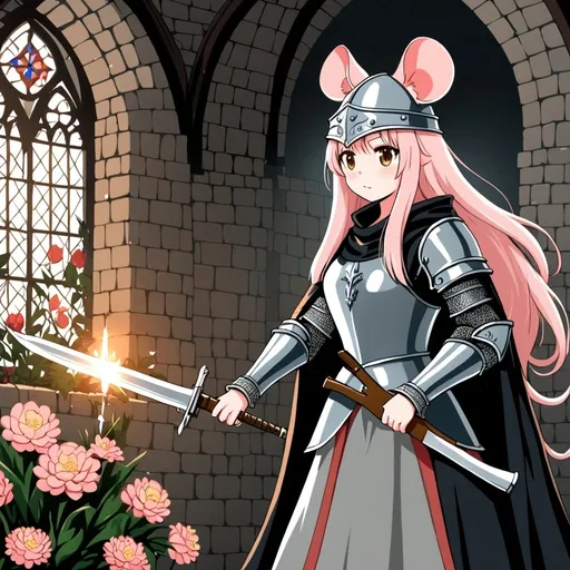 Prompt: A girl with rat ears and rat tail using a medieval clothes and a black cape, she has some armor accessories and a medieval helmet, holding a rifle, the girl has a long wavy light pink hair with bangs and brown eyes, she is smithing a sword in a floral room in a castle