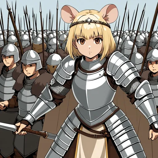 Prompt: A girl with rat ears and rat tail using plate armor and a circlet, holding a spear, the girl has a short bob light blonde hair and brown eyes, she is commanding an army