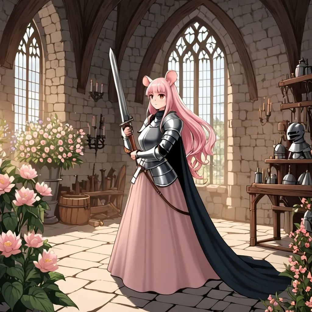 Prompt: A girl with rat ears and rat tail using a medieval clothes and a black cape, she has some armor accessories and a medieval helmet, holding a rifle, the girl has a long wavy light pink hair with bangs and brown eyes, she is smithing a sword in a floral room in a castle