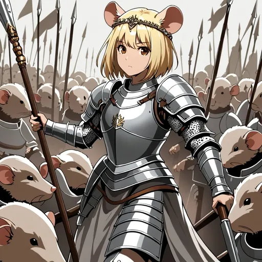 Prompt: A girl with rat ears and rat tail using plate armor and a circlet, holding a spear, the girl has a short bob light blonde hair and brown eyes, she is commanding an army