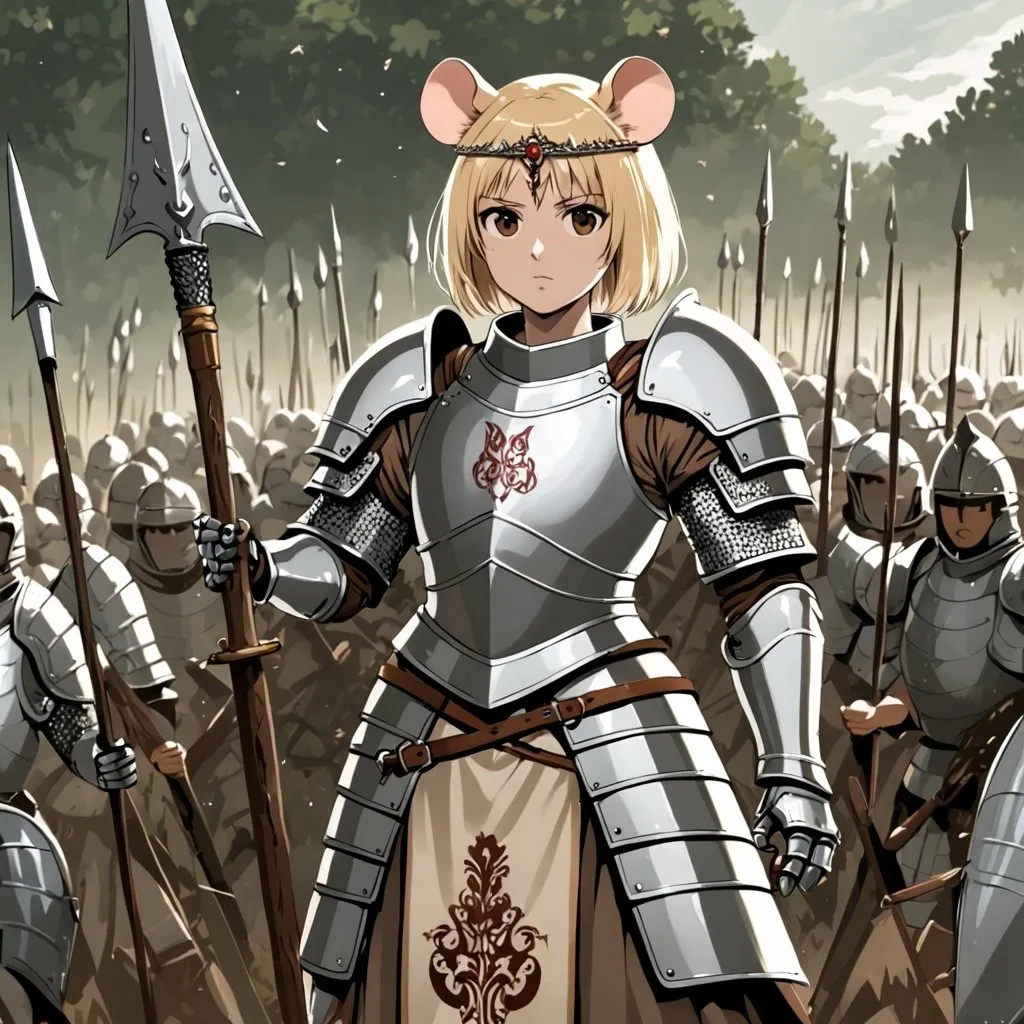 Prompt: A girl with rat ears and rat tail using plate armor and a circlet, holding a spear, the girl has a short bob light blonde hair and brown eyes, she is commanding an army