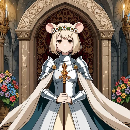 Prompt: A girl with rat ears and rat tail using a medieval clothes and a white cape, she has some armor accessories and a flowery circlet, holding a spear, the girl has a bob cut wavy light cream hair parted to the side and brown eyes, she is in a flowery throne room 