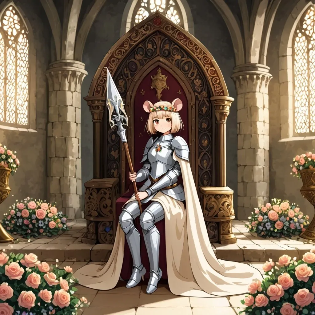 Prompt: A girl with rat ears and rat tail using a medieval clothes and a white cape, she has some armor accessories and a flowery circlet, holding a spear, the girl has a bob cut wavy light cream hair parted to the side and brown eyes, she is in a flowery throne room 