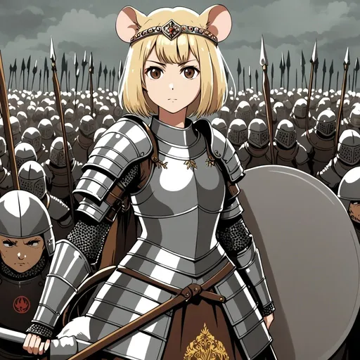 Prompt: A girl with rat ears and rat tail using plate armor and a circlet, holding a spear, the girl has a short bob light blonde hair and brown eyes, she is commanding an army