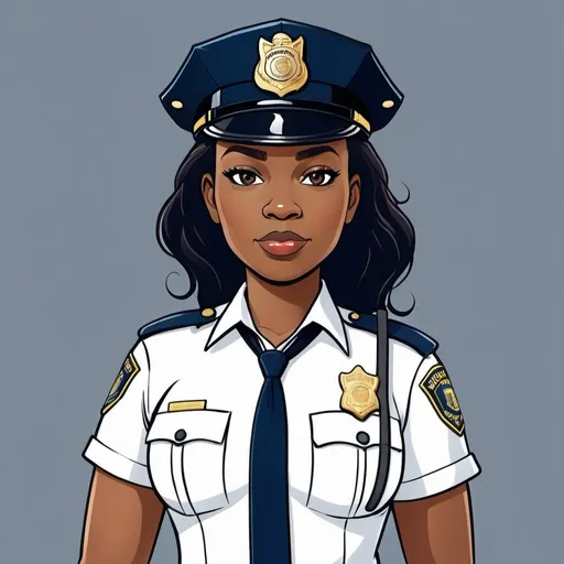 Prompt: cartoon graphic of female african american police officer in a white uniform shirt and dark navy blue pants