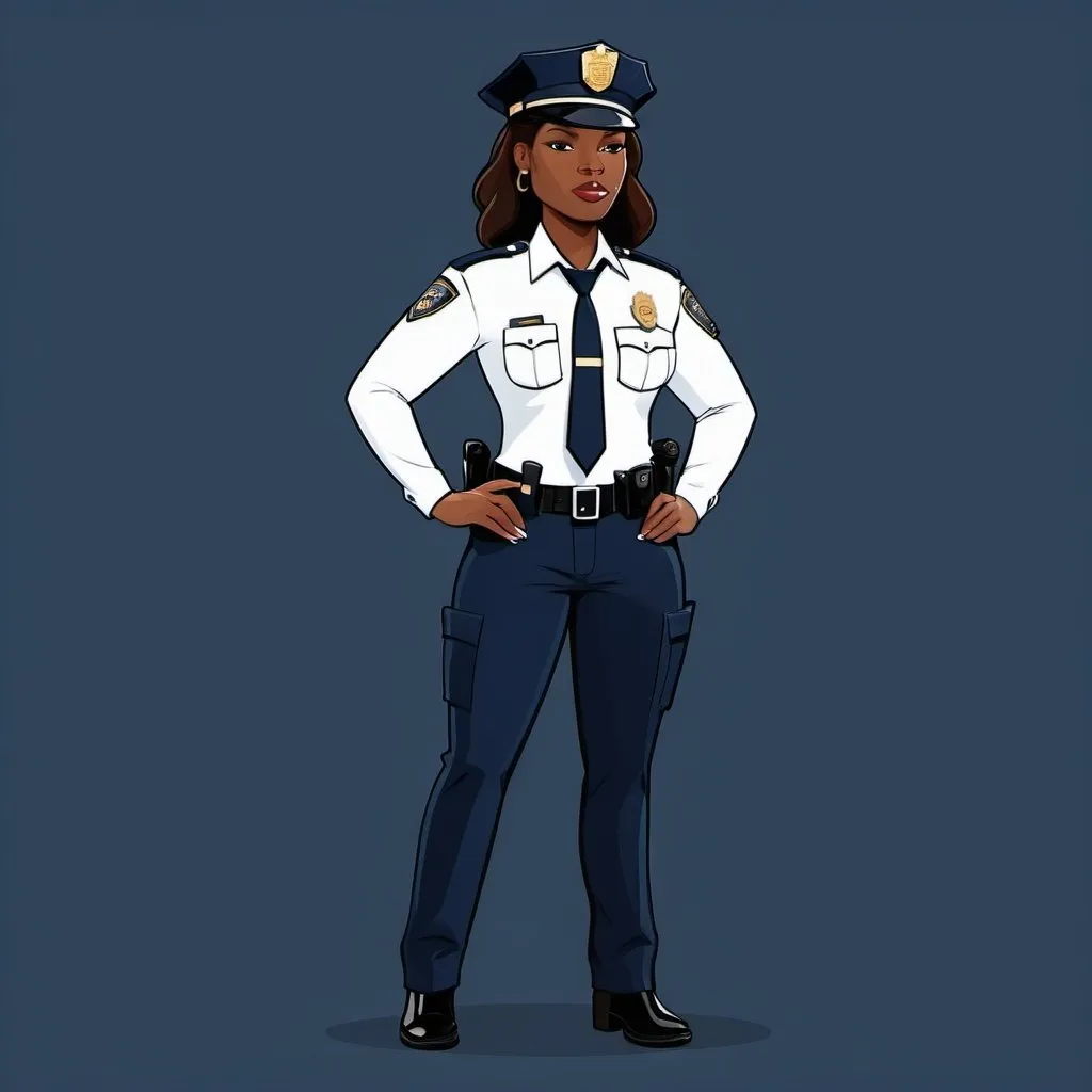 Prompt: abstract cartoon graphic of female african american police officer in a white uniform shirt and dark navy blue pants