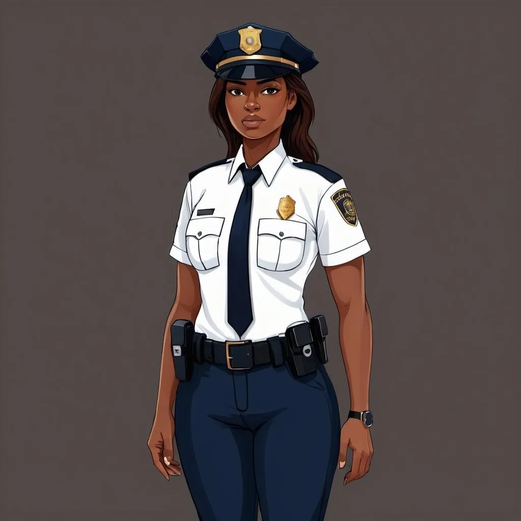 Prompt: vector illlustration female police officer wearing white uniform shirt and dark navy blue pants with brown skin 