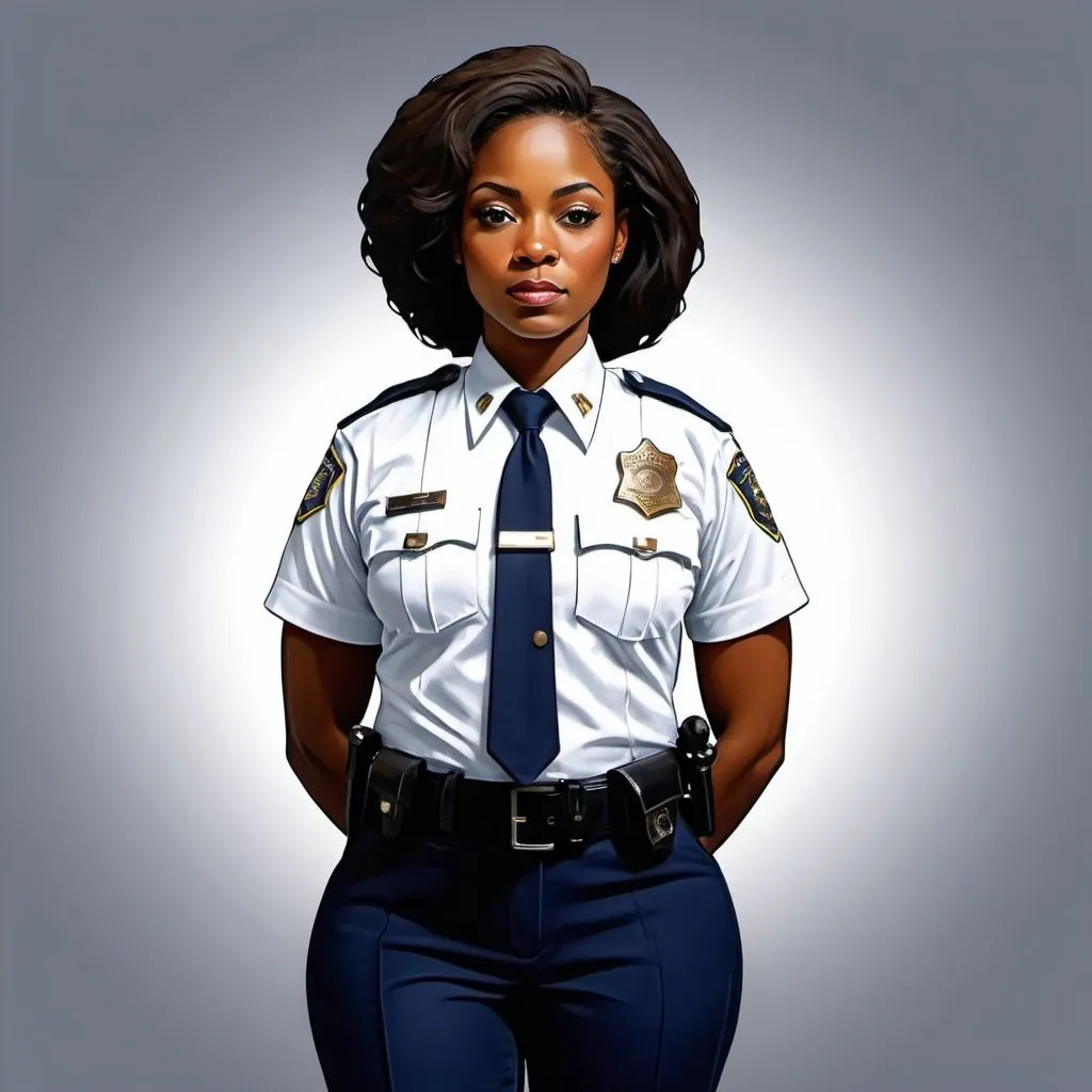 Prompt: abstract graphic of female african american police officer in a white uniform shirt and dark navy blue pants