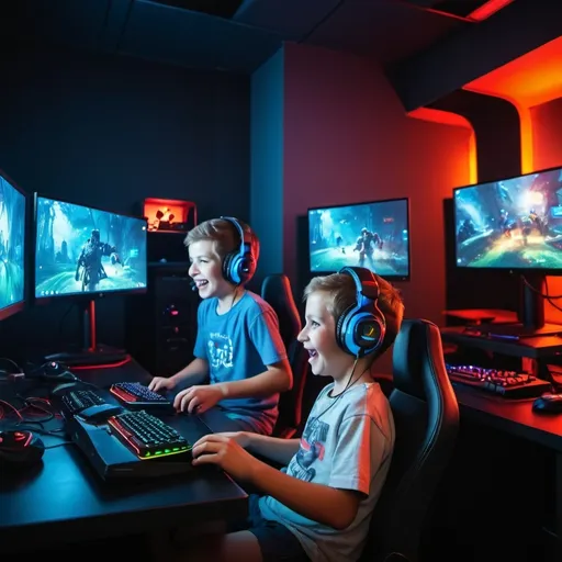 Prompt: kids having fun playing video games inside a computer den with rgb and headsets competitive

