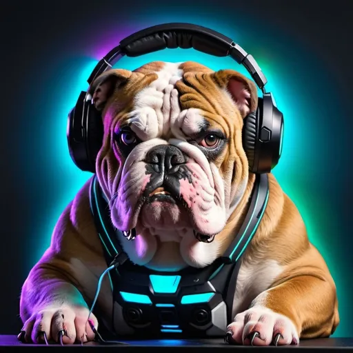 Prompt: an aggresive bulldog playing video games with rgb lights and a headset competitively and he looks mean and cool his name is bigdog

